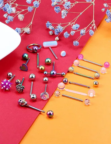 Vista 4 de Prjndjw Anillos de lengua de acero quirúrgico 14G para mujeres y hombres, barra doble con anillo esclavo, calavera, flor, bola de silicona suave