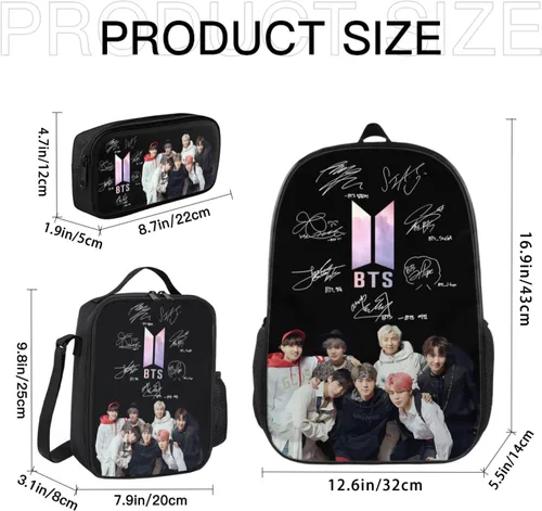 Vista 2 de Mxiwngp Mochila BTS de 17 pulgadas, juego de mochila de moda con lonchera y estuche para bolígrafos, regalo para niños y niñas, fanáticos, firmas