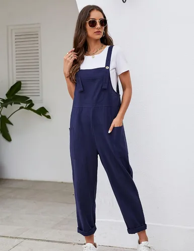 Vista 4 de COZYPOIN Overol casual para mujer, de pierna ancha, de algodón, holgado, casual, holgado, con peto