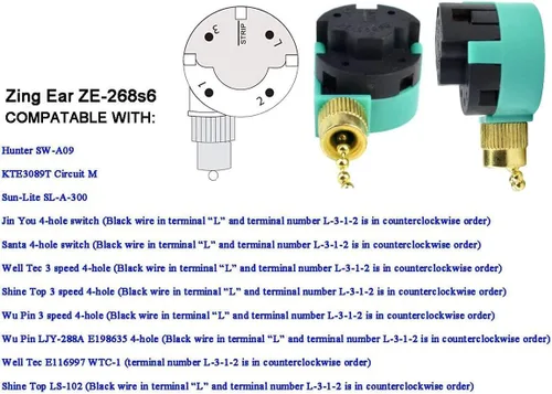 Vista 7 de Interruptor de ventilador de techo ZE-268S6 de 3 velocidades de 4 alambres de bronce Zing Ear para ventiladores de techo lámparas y luces de pared