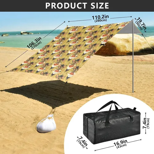 Vista 3 de Funny Animal Faces Foldable Beach Tent UPF50+ Protection Lightweight Large Sun Shelter with Sandbags & Sand Shovel for Backyard and Camping