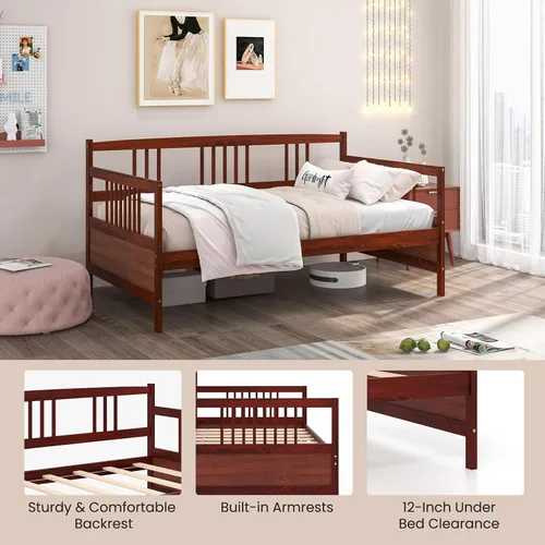 Vista 3 de Giantex - Marco de cama doble de día, sofá cama de madera con rieles y soporte de listones de madera, marco de cama de plataforma tamaño individual