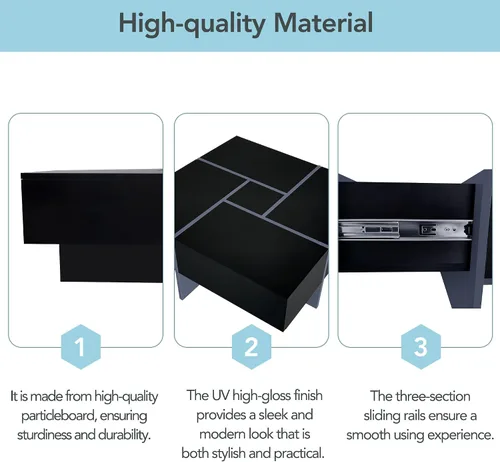 Vista 6 de Polibi Mesa de centro cuadrada con 4 compartimentos de almacenamiento ocultos, mesa de cóctel de diseño único con mesa deslizante extensible, mesa