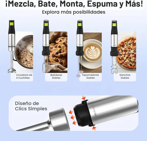 Vista 4 de Consciot 4 en 1 licuadora de inmersión de mano Max 1100W, varilla con cable emulsificadora con eje de licuadora entero de acero inoxidable, control