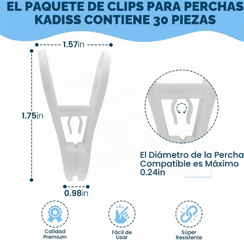 Vista 3 de Paquete de 30 clips de colgador, clips multiusos para perchas, pinzas blancas para colgar ropa de plástico, clips para colgar pantalones