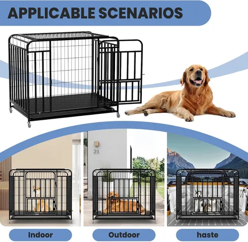 Vista 6 de Jaula de metal resistente para perros de 38 pulgadas, construcción de acero de aleación reforzada con puertas dobles, ruedas móviles y acabado