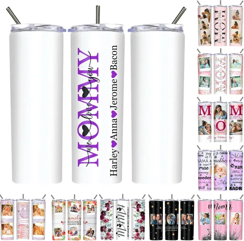 Vista 23 de Regalos para el Día de la Madre, vaso personalizado con foto de mamá, vasos delgados con tapa de nombre y pajita, 20 onzas, taza de café de viaje