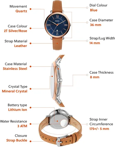 Vista 7 de Fossil Reloj Jacqueline de cuarzo de acero inoxidable y cuero para mujer Jacqueline ES5207 - Reloj de 3 manecillas