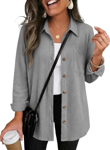 Vista 10 de Zeagoo Camisa de punto gofre para mujer, con botones, manga larga, con 01-albaricoque