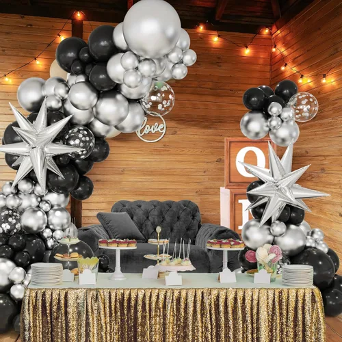 Vista 4 de Kit de arco de guirnalda de globos negros y plateados, 146 globos metálicos plateados y negros con globos plateados de papel de aluminio de estrella