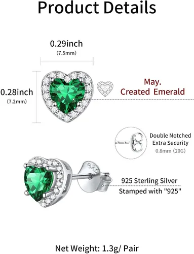 Vista 4 de ChicSilver Aretes de plata de ley 925 con forma de corazón, redondo, pera, esmeralda, piedra natal con halo para mujer, joyería de cumpleaños
