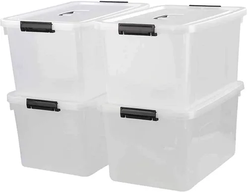 Vista 8 de Caja de almacenamiento de plástico de 10 L, caja de pestillo transparente con asa, juego de 4 Pestillos de bloqueo apretado, para armario, garaje