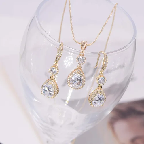 Vista 34 de Conjunto de joyería para boda, aretes de lagrima y collar con dije de circonio cúbico
