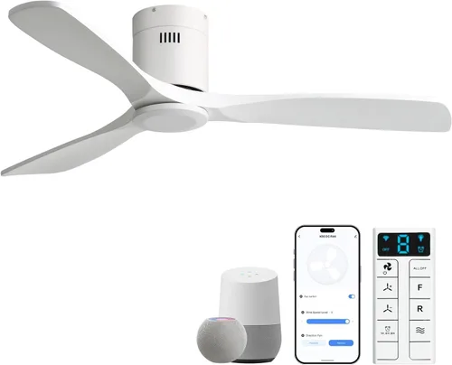 Vista 22 de Sofucor Ventiladores de techo inteligentes de 52 pulgadas con luces - montaje al ras de perfil bajo, modernos ventiladores de techo de madera maciza