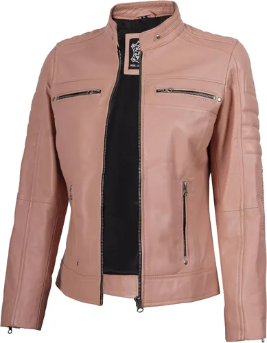 Vista 5 de Decrum Chaquetas de cuero de piel de cordero real Cafe Racer para mujer Negro