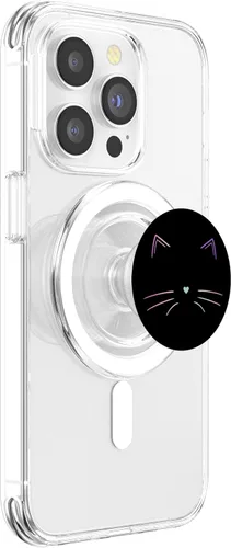 Vista 4 de PopSockets MagSafe PopGrip de cara de gato arcoíris negra para iPhone