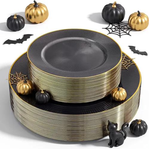 Vista 20 de Hioasis 60 piezas de platos de plástico negro - Juego de vajilla desechable con borde dorado, martillado, resistente, adecuado para 30 invitados