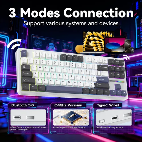 Vista 3 de Aula F87 Pro Wireless Mechanical Keyboard, Tri-Mode Bluetooth2.4GUSB-C Hot-Swappable RGB Gaming Keyboard, Gasket Mount, 4000mAh, for WindowsMac