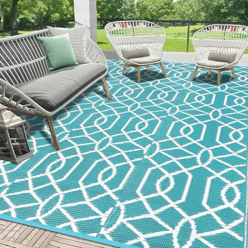Vista 13 de HEBE Alfombra impermeable para exteriores de 5 x 8 pies para patios, alfombra de paja de plástico reversible floral, alfombra de patio, alfombra