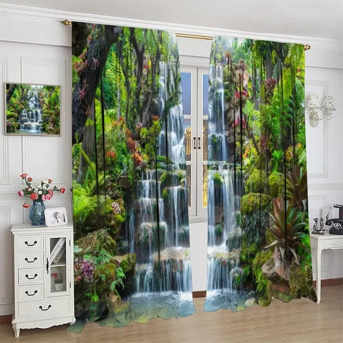 Vista 4 de Cortinas de ventana de cascada 3D, paisaje natural, cascada junto al lago, estampado de bosques verdes, decoración del hogar, dormitorio, sala