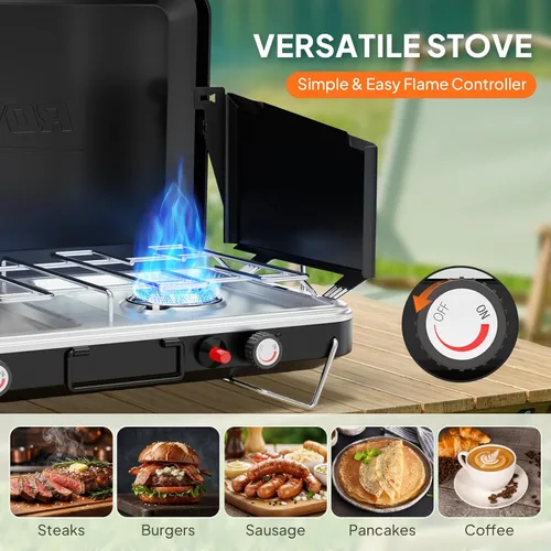 Vista 3 de ROVSUN Estufa de camping portátil de 2 quemadores con encendedor, estufa de campamento de propano de 20000 BTU con adaptador, mango integrado