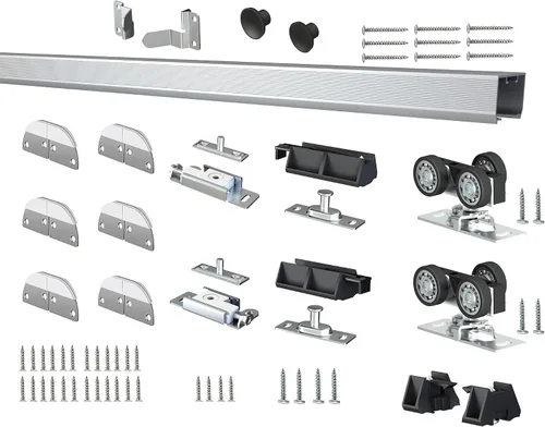 Vista 2 de DIYHD Kit de puerta corrediza de granero plegable de 48 pulgadas, riel de montaje en techo, kit de puerta interior plegable para 4 puertas, ancho