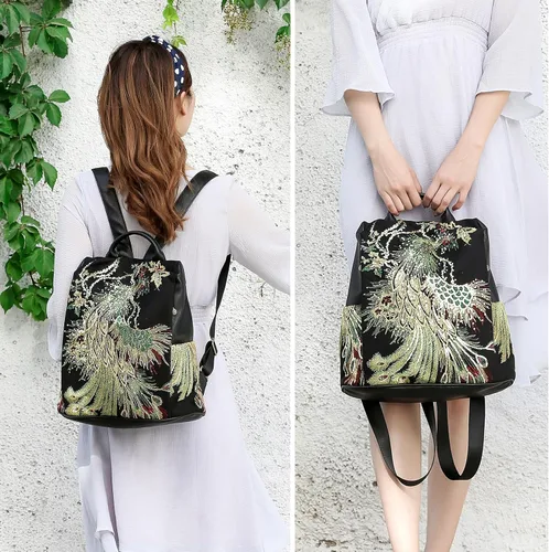 Vista 9 de Bolso bordado de la mochila de las mujeres, bolso antirrobo de la mochila del viaje de la lona de la moda, Bordado con purpurina, Mochilas de mochila