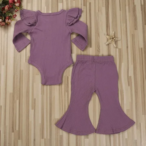 Vista 3 de Ropa para bebé y niña, acanalado, con volantes, manga larga, mameluco, pantalones acampanados, color sólido, otoño, invierno, trajes de 2 piezas
