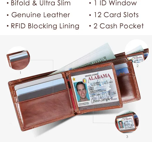 Vista 2 de Mens Wallet Slim Genuine Leather RFID Thin Bifold Wallets For Men Minimalist Front Pocket ID Window 12 Card Holders Gift Box