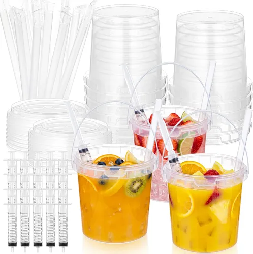 Vista 8 de Willinglong Juego de 20 cubos de plástico transparente de 16 onzas para bebidas con pajitas, tapas y jeringas para bebidas, tazas de café helado