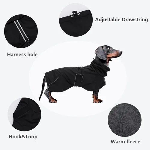Vista 3 de Abrigos de perro salchicha impermeables, perfectos para perros salchichas, salchichas, abrigo de invierno para perro Weiner con forro polar