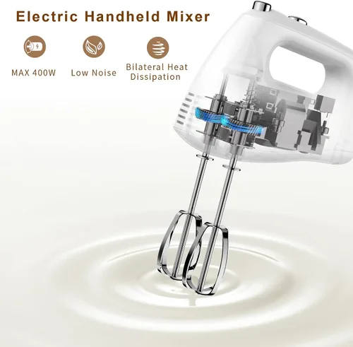 Vista 3 de Vezzio - Batidora de mano eléctrica, batidora de mano de cocina de 5 velocidades con botón de expulsión, 5 accesorios de acero inoxidable
