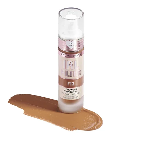Vista 3 de Revolution, Base de maquillaje de larga duración IRL Filter, fórmula suave y transpirable, cobertura media a completa, acabado mate, F13, 0.7 fl oz