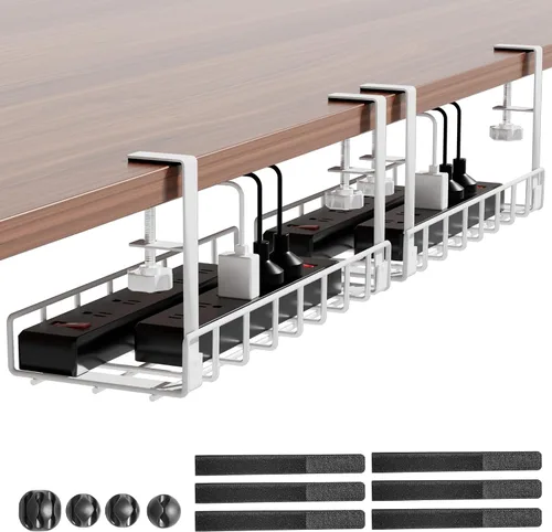 Vista 7 de Bandeja de organización de cables para debajo del escritorio, gestión de cables mejorada sin taladros, sin tornillos, bandeja de cables