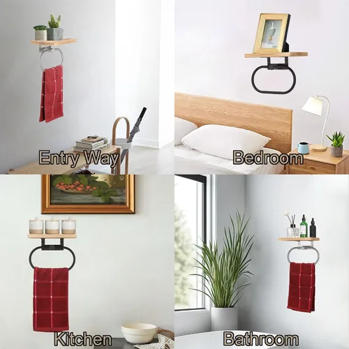 Vista 3 de TocTen Toallero de mano para baño, toalla de pared con estante de madera, toallero de mano de metal de alta calidad, accesorios de baño, colgador