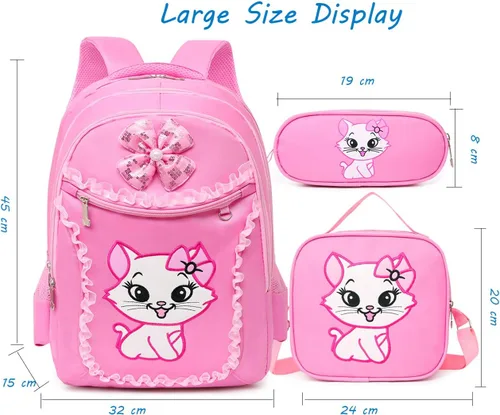 Vista 3 de Mochila escolar ligera de encaje con estampado de gatos, bolsa escolar de princesa, bolsa para libros, bolsa para bolígrafos para niñas de primaria