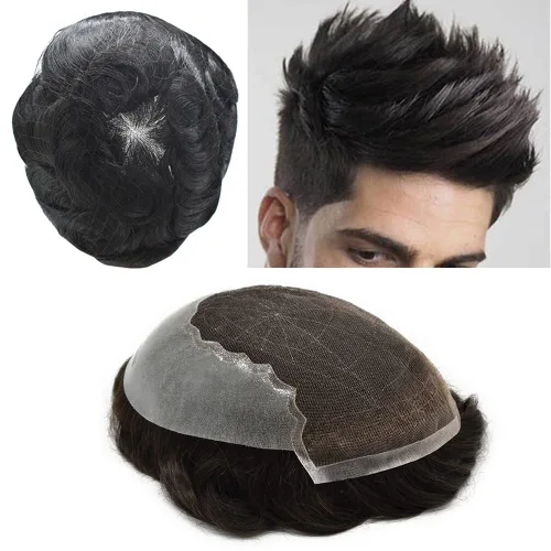 Vista 104 de Toupee para hombres pieza de pelo suave suizo encaje real sistema de cabello humano reemplazo blanqueado nudo mens tupé sistema de pelo para hombres