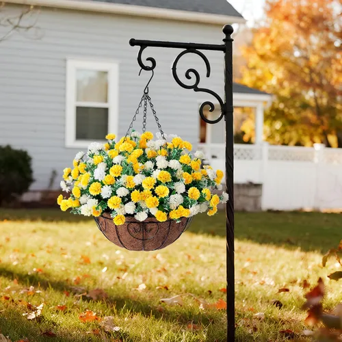 Vista 9 de Cesta de flores artificiales colgantes para decoración de primavera al aire libre, flores falsas de seda resistentes a los rayos UV, margaritas
