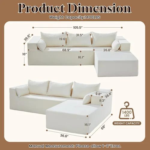 Vista 2 de Sofás seccionales sin hueso de 106 pulgadas para sala de estar, sofá modular en forma de L con asiento profundo de gran tamaño orientado a la Beige