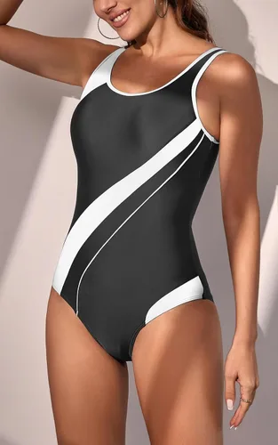 Vista 5 de Eomenie Trajes de baño atléticos de una pieza para mujer, con control de abdomen, elásticos, con bloques de color, adelgazantes