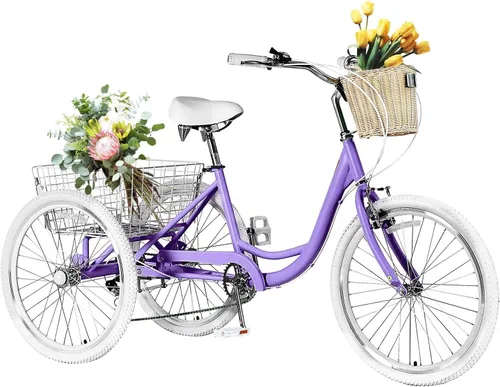 Vista 8 de Triciclos para adultos para adultos, triciclos para adultos de 7 velocidades, bicicleta de 3 ruedas de 20/24/26 pulgadas con canasta, bicicletas