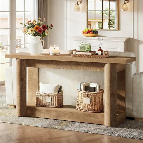 Vista 3 de Tribesigns Mesa consola estrecha de 63 pulgadas, mesa de entrada larga de almacenamiento de 2 niveles, muebles de vestíbulo para sala de estar