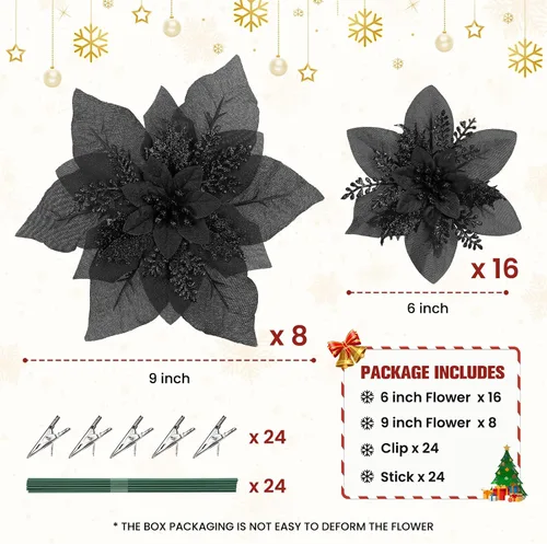 Vista 2 de Alupssuc 24 PCS Flores de Pascua Navideñas Negras Artificiales con Purpurina, Decoraciones Navideñas para Árbol, Corona, Chimenea, Flores de Pascua