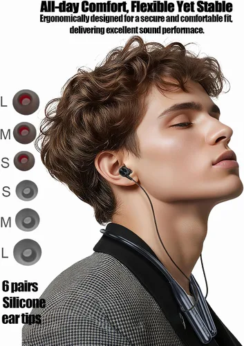Vista 4 de ZXQ Auriculares Bluetooth con banda para el cuello, auriculares inalámbricos alrededor del cuello con micrófono, modos 6EQ, 35 horas de tiempo