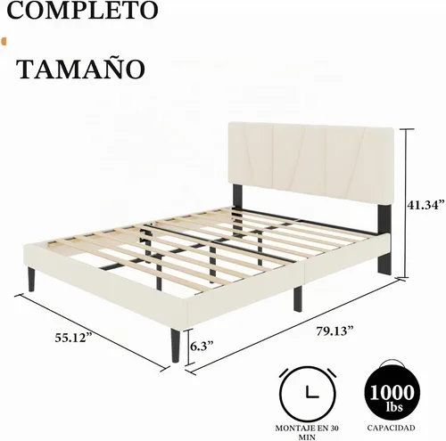 Vista 2 de CXVX Estructura de cama de plataforma de tamaño completo con cabecera tapizada geométrica, sin ruido, soporte de listones de madera, no necesita