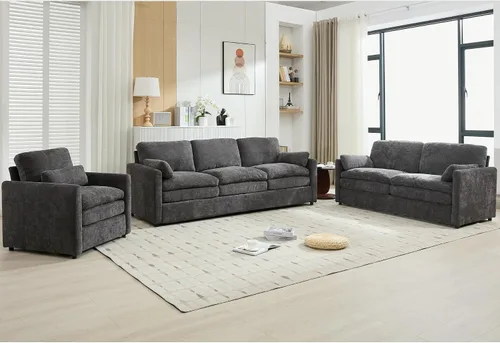 Vista 8 de P PURLOVE Juego de sofá tapizado de 3 piezas, cojín doble para sala de estar, oficina en casa (gris)