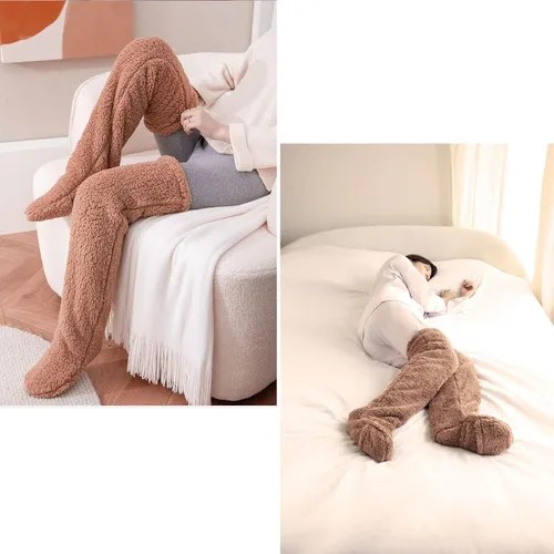 Vista 7 de Hdnaihpp Calcetines de piernas de peluche, calcetines largos mullidos por encima de la rodilla, pantuflas de felpa, calentadores de piernas