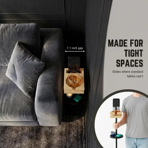 Vista 6 de Mesa de bebidas para espacios pequeños – Mesa auxiliar delgada de pedestal con parte superior de madera real y base estable para café y cócteles