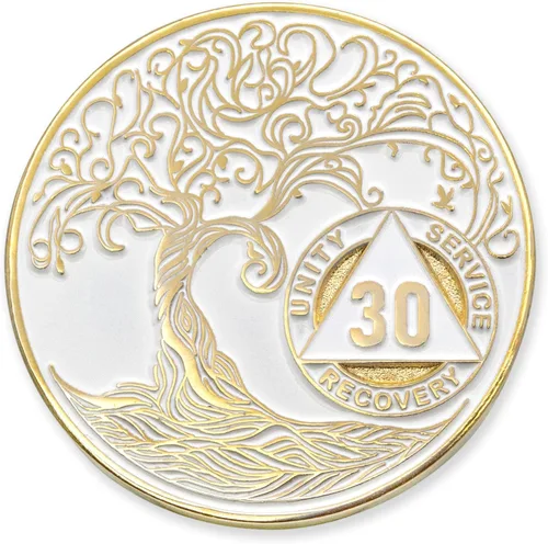 Vista 74 de 1 año Sobriety Mint Twisted Tree of Life Medallón de recuperación AA chapado en oro, chip/ficha - negro