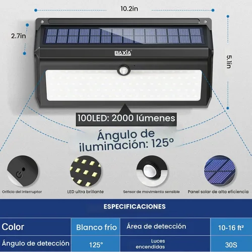 Vista 6 de Luces solares impermeables para exteriores, 100 LED, sensor de movimiento de seguridad, luces solares para exteriores, para puerta delantera, patio